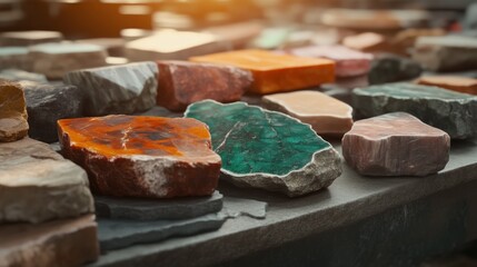 Colorful natural stones display market place photography outdoor setting close-up view gemstone exploration