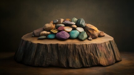 Colorful stones arrangement on wooden base indoor still life artistic display warm environment close-up natural beauty