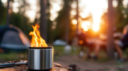 Coffee brewing in a serene forest picnic at sunset