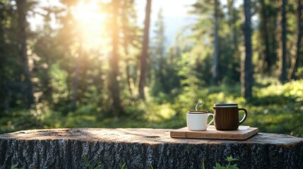 Creating a tranquil moment with coffee during a forest picnic adventure