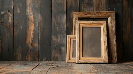 Display of rustic picture frames on a wooden cabinet with natural charm