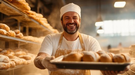 Flour-dusted baker proudly presents a tray of freshly baked bread