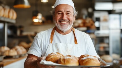 Joyful baker presenting a tray of warm bread in a rustic bakery