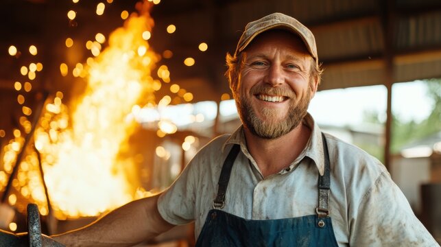 Skilled blacksmith working by a roaring forge with glowing iron rod