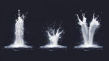 Fountain water jets and splashes, isolated realistic 3d vector waterfall and stream spray. Fountain water jets silhouettes, dancing fountain cascade or geyser and spring eruption