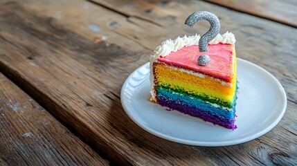 Rainbow layer cake slice with question mark on rustic wood.