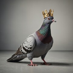 A pigeon with golden talons and crown, standing on a clean surface.