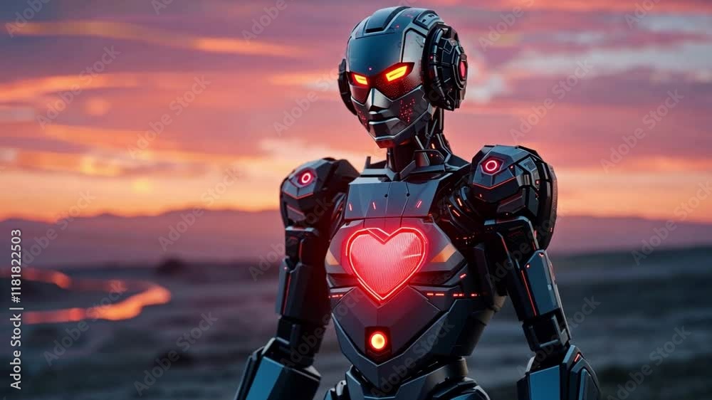 Poster a sleek robot stands in a desolate area as the sun sets, illuminating its glowing heart.