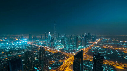 Obraz premium Captivating aerial view of a vibrant cityscape illuminated at nighttime