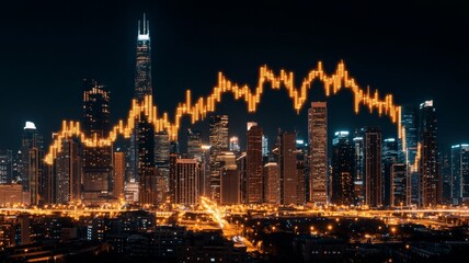 Night Cityscape with Stock Market Candlestick Chart Overlay