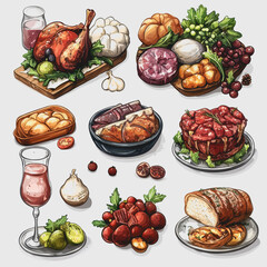 Holiday Feast Various Types of Food Delicious Culinary Spread Festive Dinner Table Decorated with Seasonal Elements Family Gathering Celebration