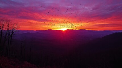 Obraz premium As the sun sets behind distant peaks, a stunning flock of birds takes flight across a vibrant sky filled with hues of orange, purple, and pink, creating a picturesque moment in nature