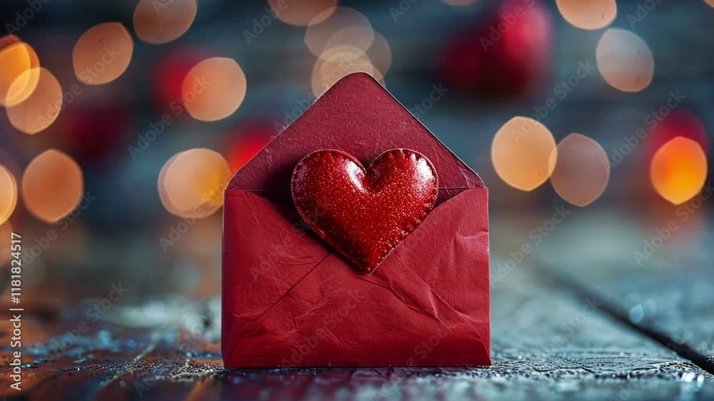 Poster A striking red envelope adorned with a glittery heart sits on a textured surface. Soft lights in the background create a warm, romantic atmosphere, perfect for expressing love.