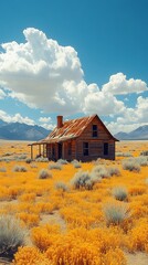 Obraz premium Abandoned Wooden House in a Yellow Field and Mountains