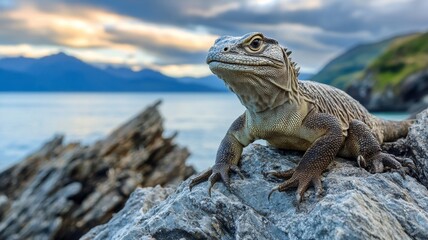 Fototapeta premium Majestic Lizard on Rocky Coast at Sunset