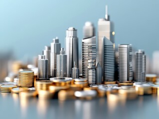 A miniature cityscape made of buildings and coins, symbolizing wealth, finance, and urban development.