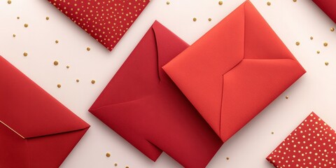 Red envelopes designed with minimalist patterns, soft textures, gold outlines, placed neatly on a simple white table