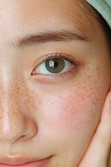 Fototapeta premium People with acne A close-up portrait of a young woman with freckles, showcasing her natural beauty and glowing skin, with a soft expression and healthy complexion.