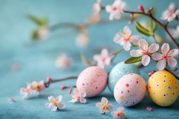 Obraz premium Easter eggs and spring flowers creating a beautiful festive decoration
