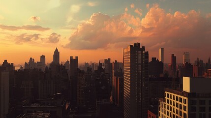 Fototapeta premium Manhattan Skyline Sunset: A Golden Hour Panorama