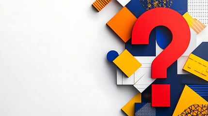 Red question mark on colorful geometric background.