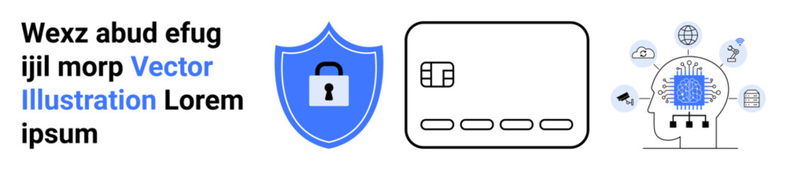Shield with padlock icon for security, credit card with chip for secure transactions, human head with AI chip and data icons network. Ideal for tech protection, secure payments, AI, data privacy