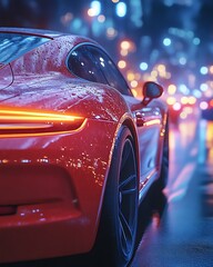 Red sports car on rain-slicked city street at night.
