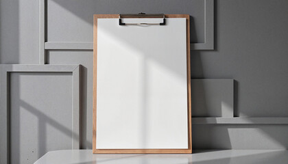 Blank clipboard on gray background with natural light
