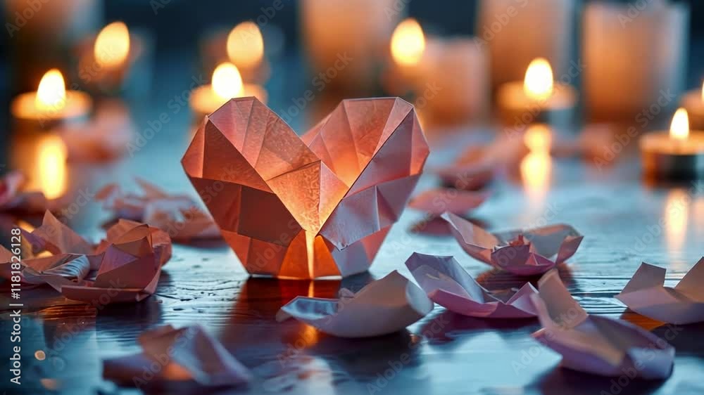 Poster an origami heart glows softly, surrounded by warm candlelight. crumpled paper hearts are scattered o