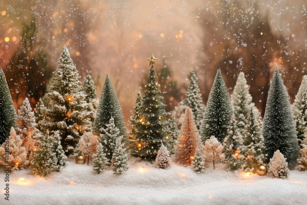 Wall mural miniature christmas trees covered in snow creating a festive scene with golden lights and ornaments
