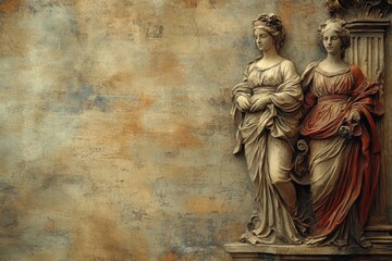 Obraz premium Two elegant female statues adorning a rustic wall