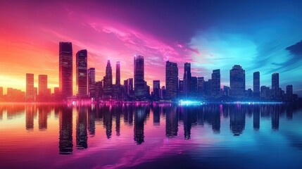 Obraz premium A futuristic city skyline with artificial lighting and neon colors.
