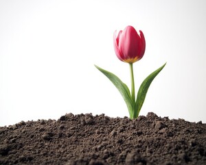 A vibrant red tulip blooms from rich, dark soil against a clean white background.