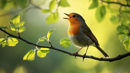 Fototapeta premium European robin perched and singing on a sunlit spring branch
