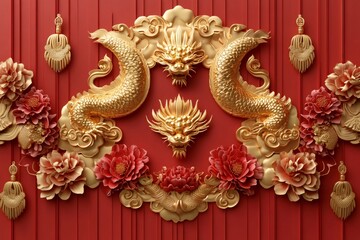 Golden dragons and peonies decorating a red wall