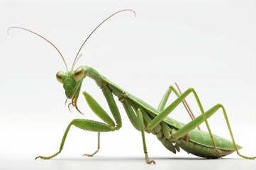 Close-up of a vibrant green praying mantis on a white background.