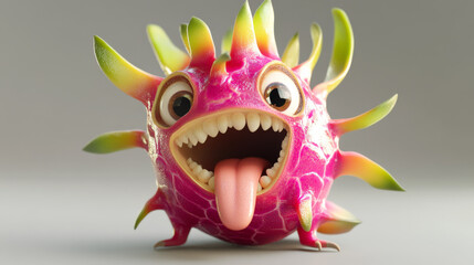 Groovy tropical dragon fruit half character in a playful pose. Cartoon vector fun and smiling pitahaya dragonfruit personage with seeds shows quirky and funky facial expression with sticking tongue