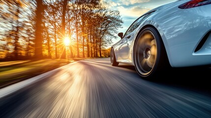 Fototapeta premium A car driving along a quiet road with the afternoon sun in the background.