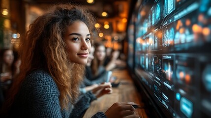 Woman using interactive display.