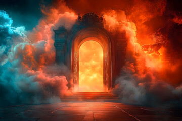 Heaven paradise and fiery hell gates choice. Door to heaven and hell. Good and evil, light and darkness. God's judgment, christianity concept. Religious background for design banner, poster