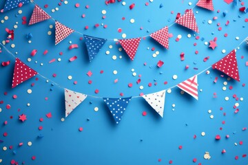 Obraz premium American party bunting and confetti creating festive atmosphere on blue backdrop