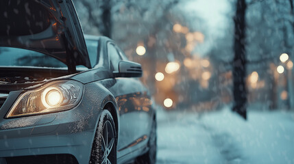 A vehicle with an open hood that has problems in snowy and cold weather. Car product advertising background banner. Car insurance concept background.