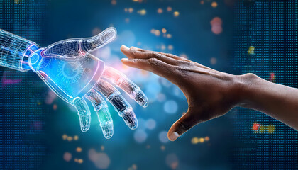  A robotic hand and a human hand reaching towards each other with AI text and digital graphics technology