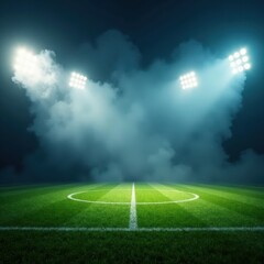 Obraz premium Football field in spotlight with thick fog or smoke descending slowly from the top , arena, fog