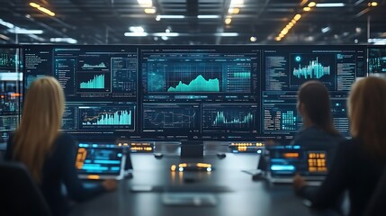 Women analysts monitoring data on large screens.