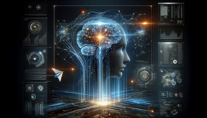 A futuristic digital illustration of a human head with a glowing brain, surrounded by technological elements such as circuits, data streams and digital interfaces, symbolizing artificial intelligence 
