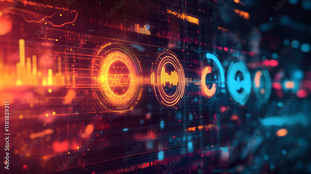 Poster circle futuristic hud digital ui interface, data screen dashboard vector elements of sci fi game or 