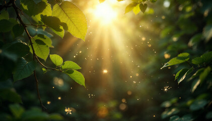Obraz premium Sunlight filtering through green leaves creates a magical atmosphere in a lush forest during late afternoon