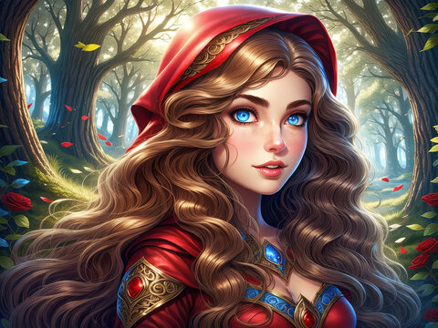 ragazza  con capelli rossi e occhi azzurri nella foresta rigogliosa. Generative AI
