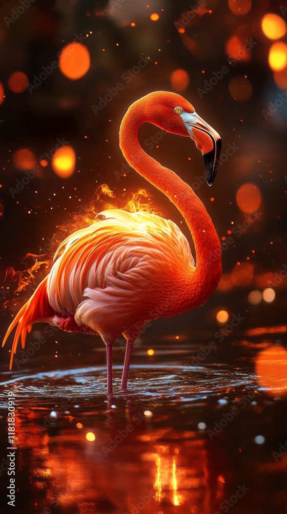 Poster a magnificent flamingo stands in tranquil waters, its fiery feathers glowing like embers against a b